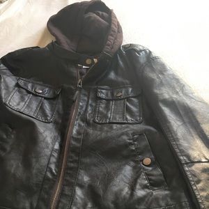 Faux leather jacket with cloth hoodie